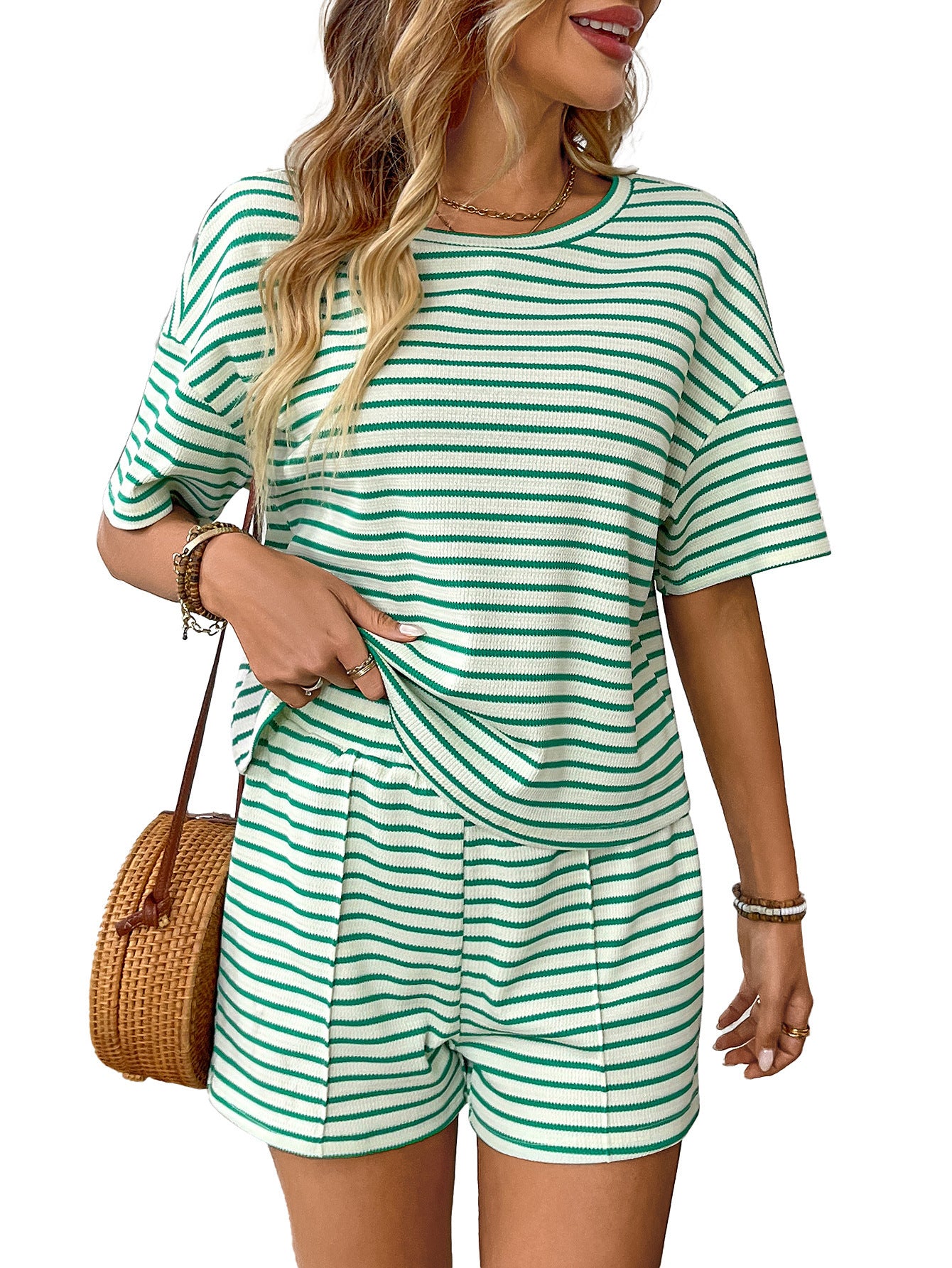 Women's Knitted Striped Fashion Casual Shorts Sports Suit