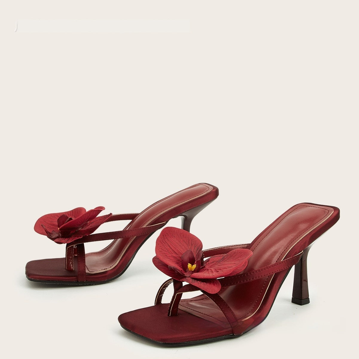 Wine Red Meiko Flower Decorative Flip-toe Square Toe High Heel Sandals