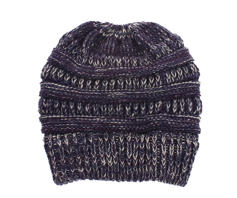 Women's Mixed Color Knitted Wool Hat with Ponytail Opening