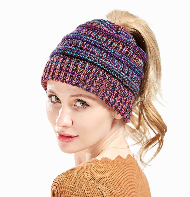 Women's Mixed Color Knitted Wool Hat with Ponytail Opening