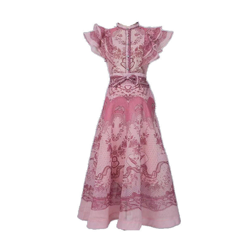 Australia Stand Collar Ruffle Diamond Button Sleeveless Wide Swing Dress