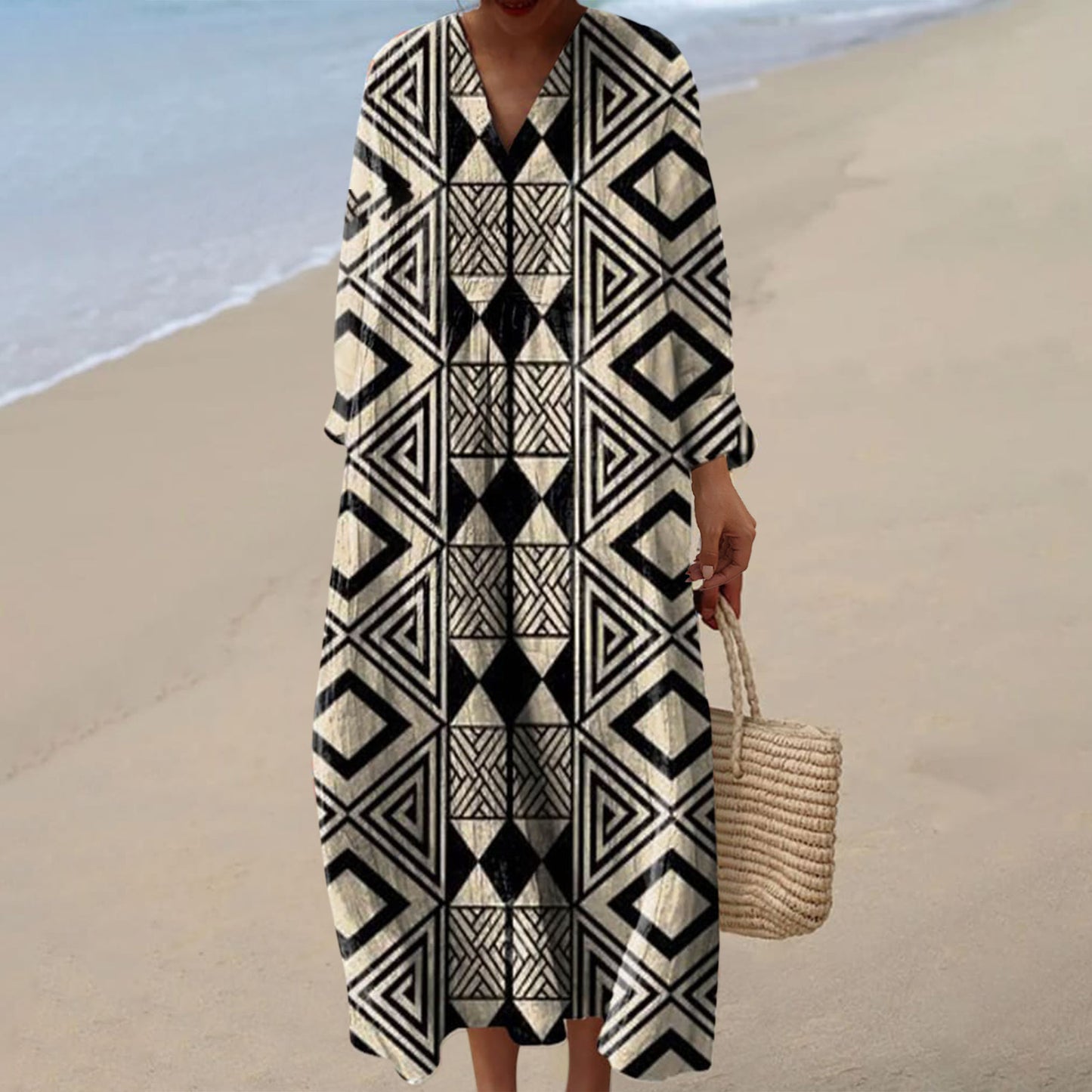 Women's Casual 3D Printed Floral Print Sleeved Long Dress