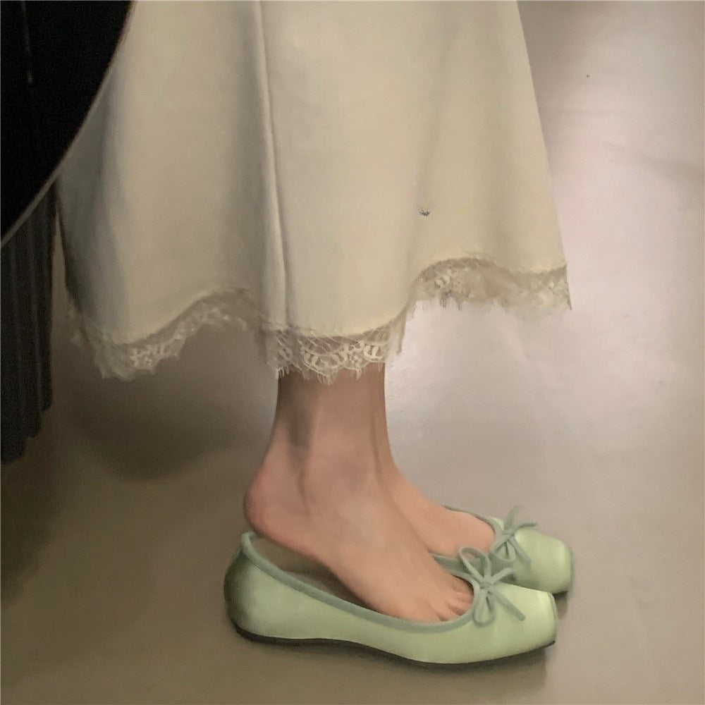 Bow Satin Shoes With Hidden Heels Women's New Square Head