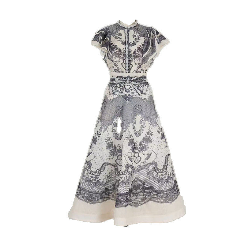 Australia Stand Collar Ruffle Diamond Button Sleeveless Wide Swing Dress