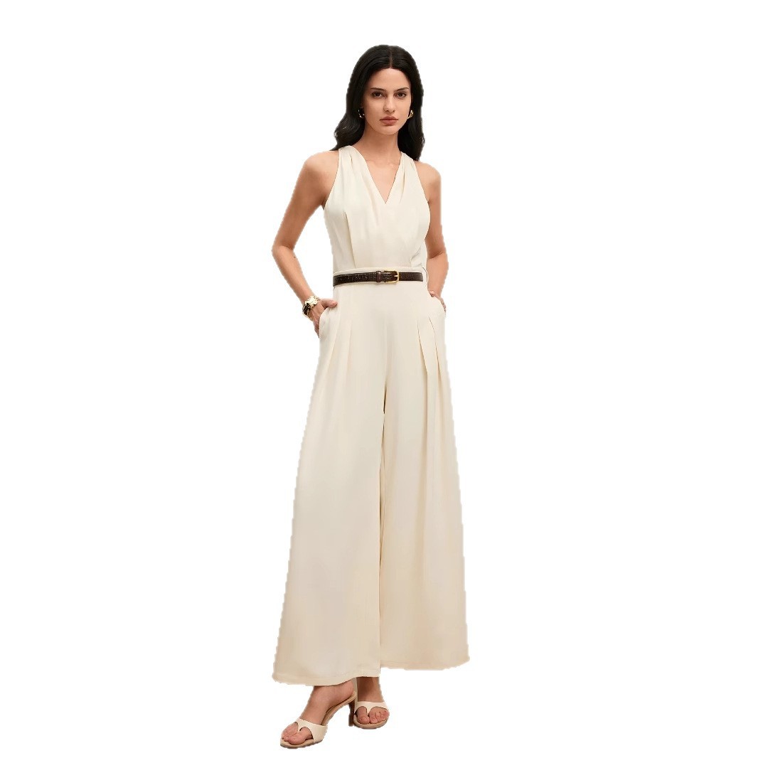 Women's Solid Color And V-neck Sleeveless Fashion Casual Jumpsuit