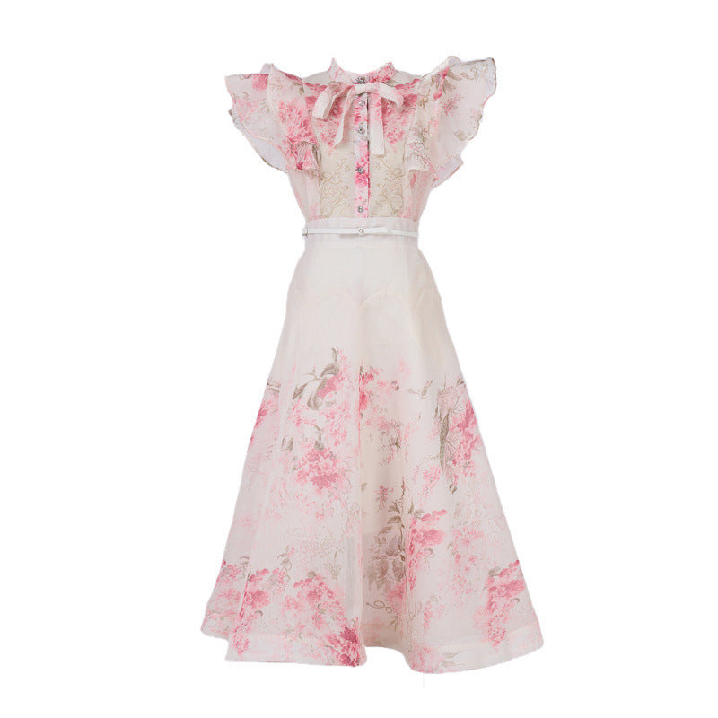 Australia Stand Collar Ruffle Diamond Button Sleeveless Wide Swing Dress
