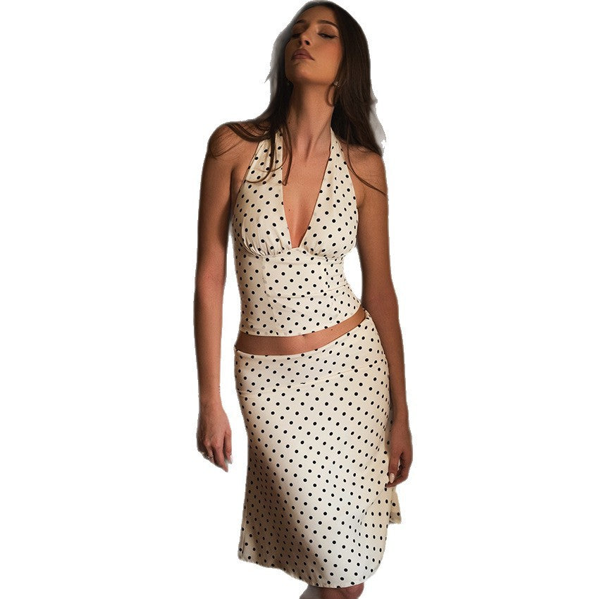 Women's Polka Dot Two-Piece Set - Halter Top & High Waist Skirt