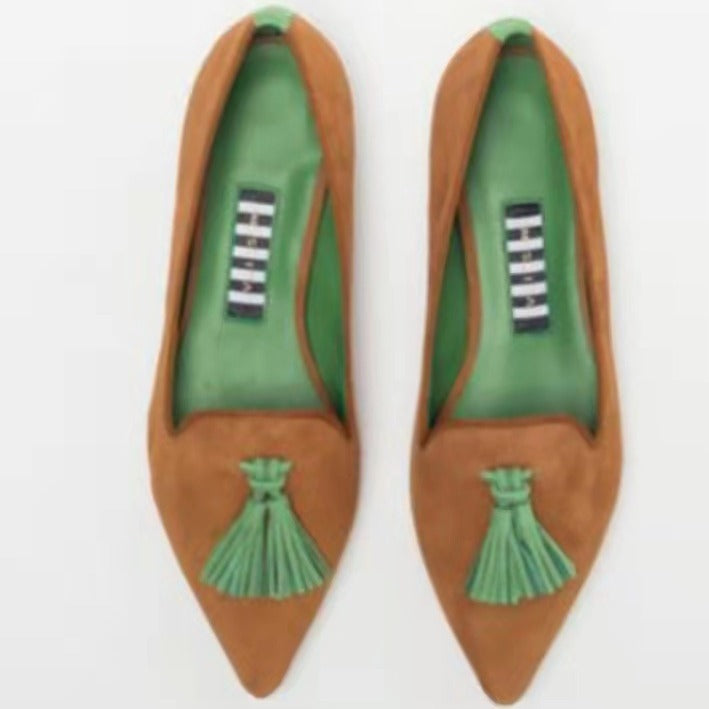 Women's Low-cut Pointed-toe Colorblock Tassel Flat Shoes