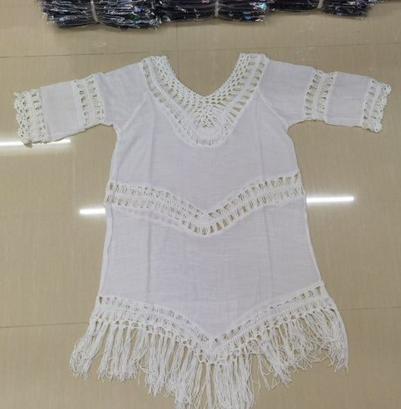 Hand Crochet Flower Stitching Fringed Beach Blouse Hollow Fashion Loose Holiday Sun Protection Clothing