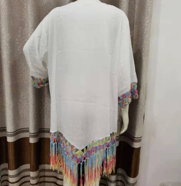 Hand Crochet Flower Stitching Fringed Beach Blouse Hollow Fashion Loose Holiday Sun Protection Clothing