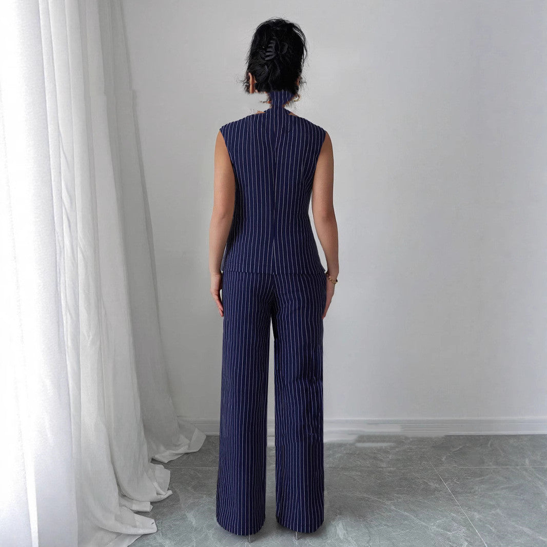 Casual Striped Short Style Lapel Suit Straight-leg Pants Suit