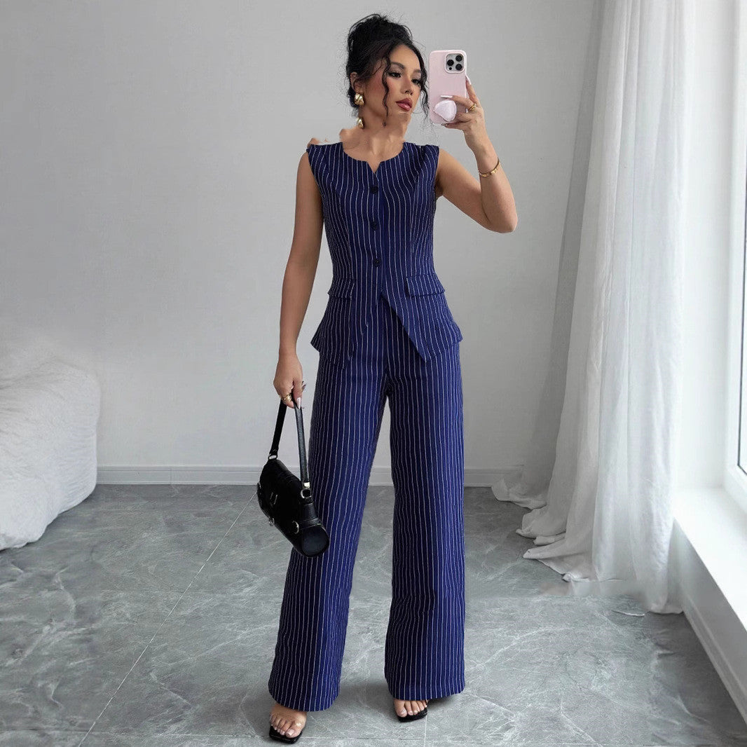 Casual Striped Short Style Lapel Suit Straight-leg Pants Suit