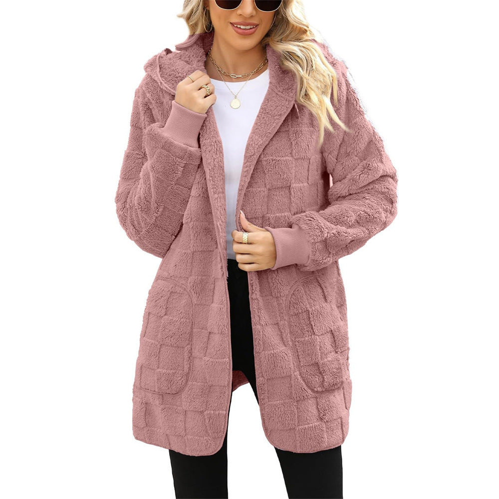 Cardigan Plaid Jacquard Hooded Pocket Plush Cardigan Jacket