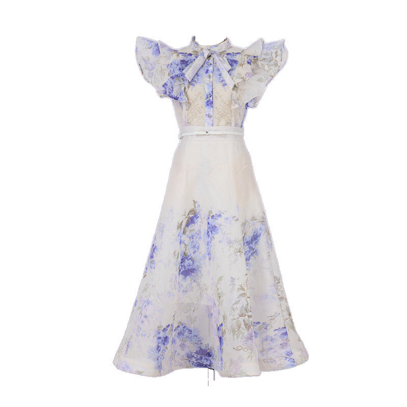Australia Stand Collar Ruffle Diamond Button Sleeveless Wide Swing Dress