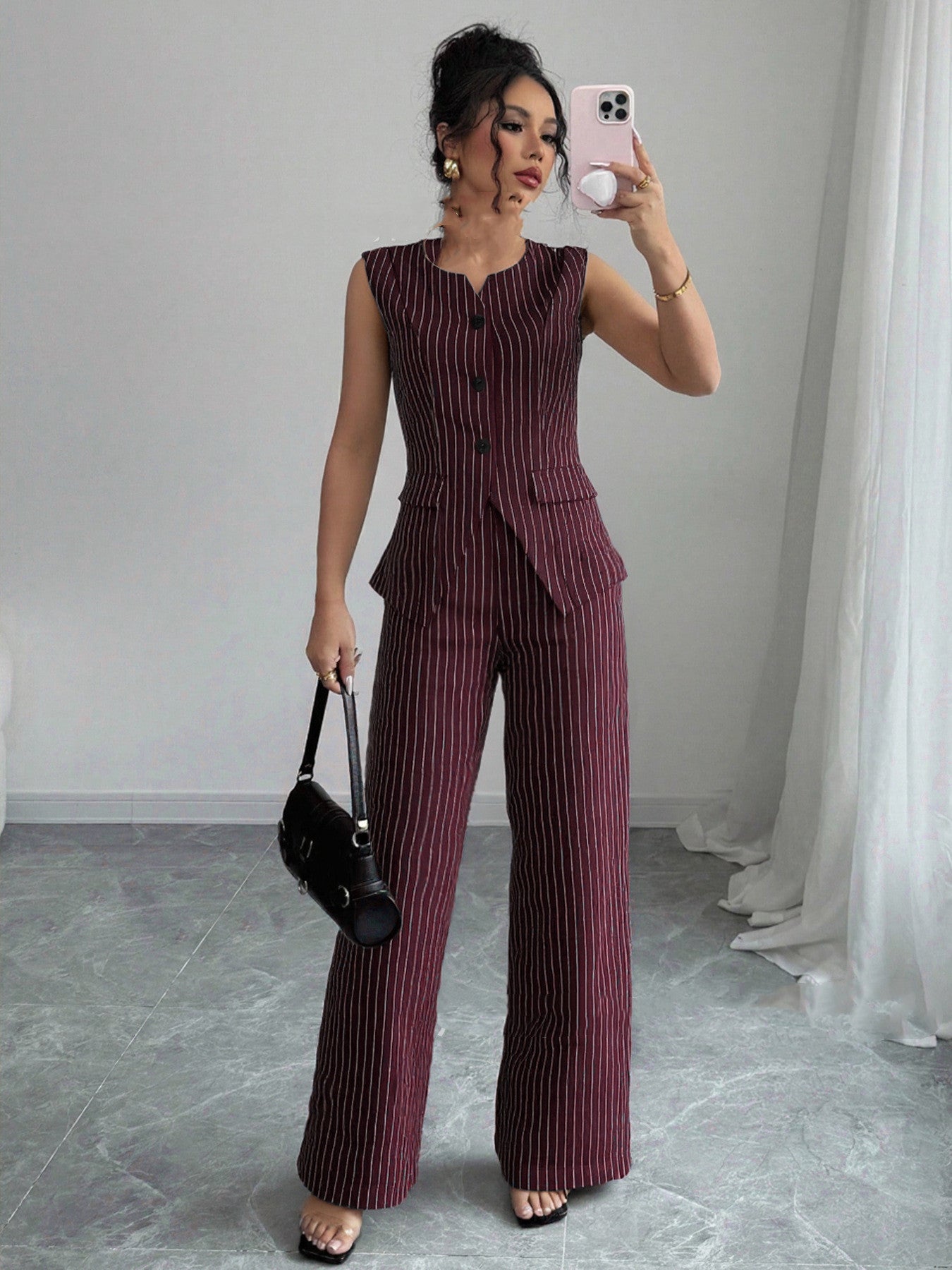 Casual Striped Short Style Lapel Suit Straight-leg Pants Suit