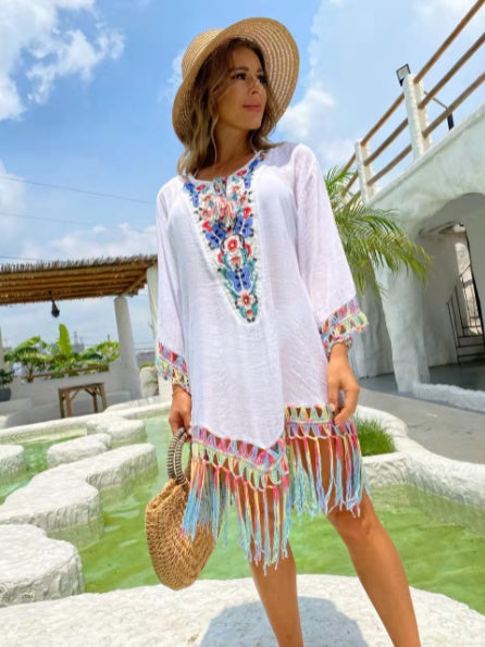 Hand Crochet Flower Stitching Fringed Beach Blouse Hollow Fashion Loose Holiday Sun Protection Clothing
