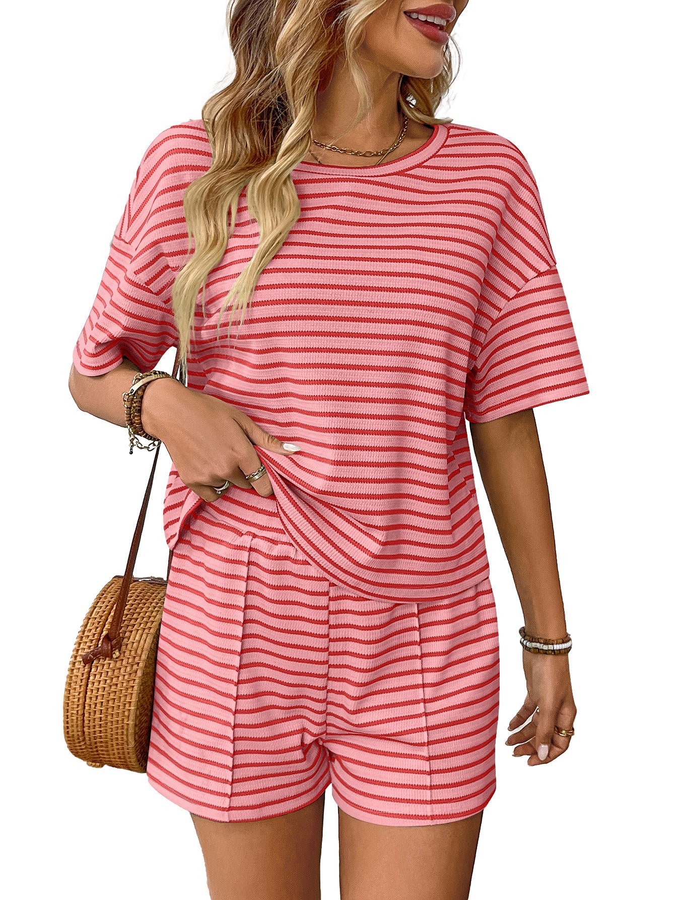 Women's Knitted Striped Fashion Casual Shorts Sports Suit