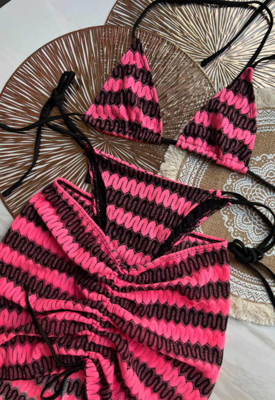 Knitting Bikini Skirt Three-piece Set Bikini Striped Swimsuit Bikini Women Swimw
