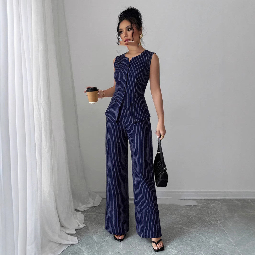 Casual Striped Short Style Lapel Suit Straight-leg Pants Suit