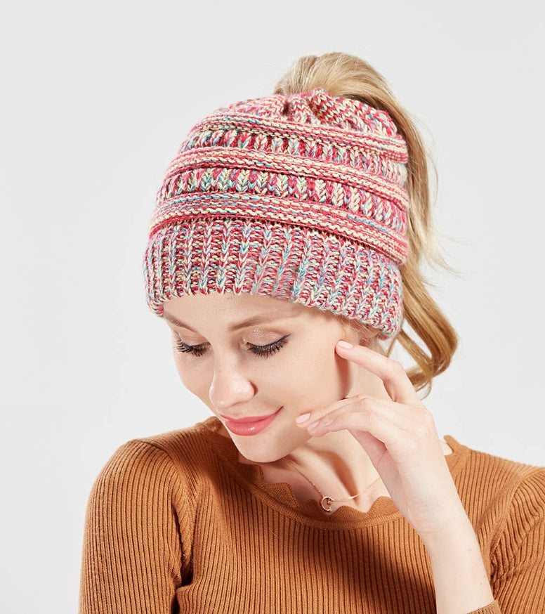 Women's Mixed Color Knitted Wool Hat with Ponytail Opening