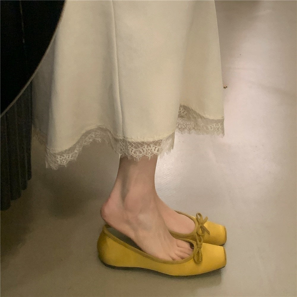 Bow Satin Shoes With Hidden Heels Women's New Square Head