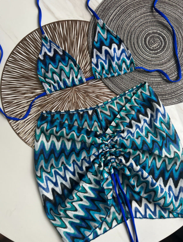 Knitting Bikini Skirt Three-piece Set Bikini Striped Swimsuit Bikini Women Swimw