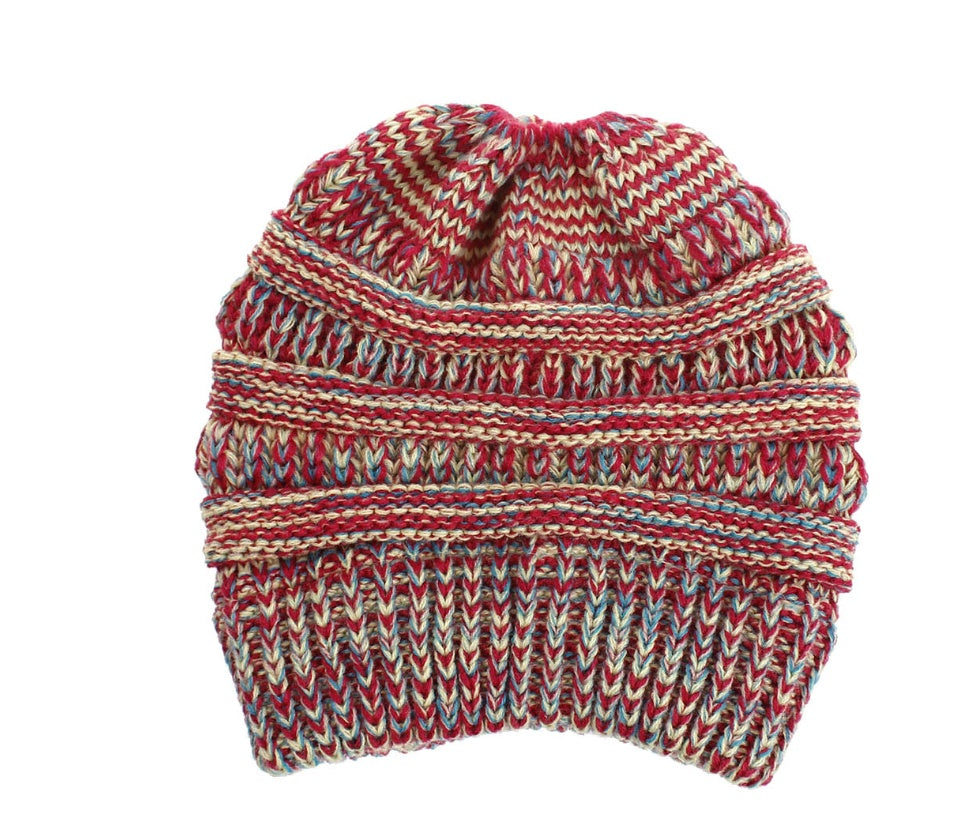 Women's Mixed Color Knitted Wool Hat with Ponytail Opening