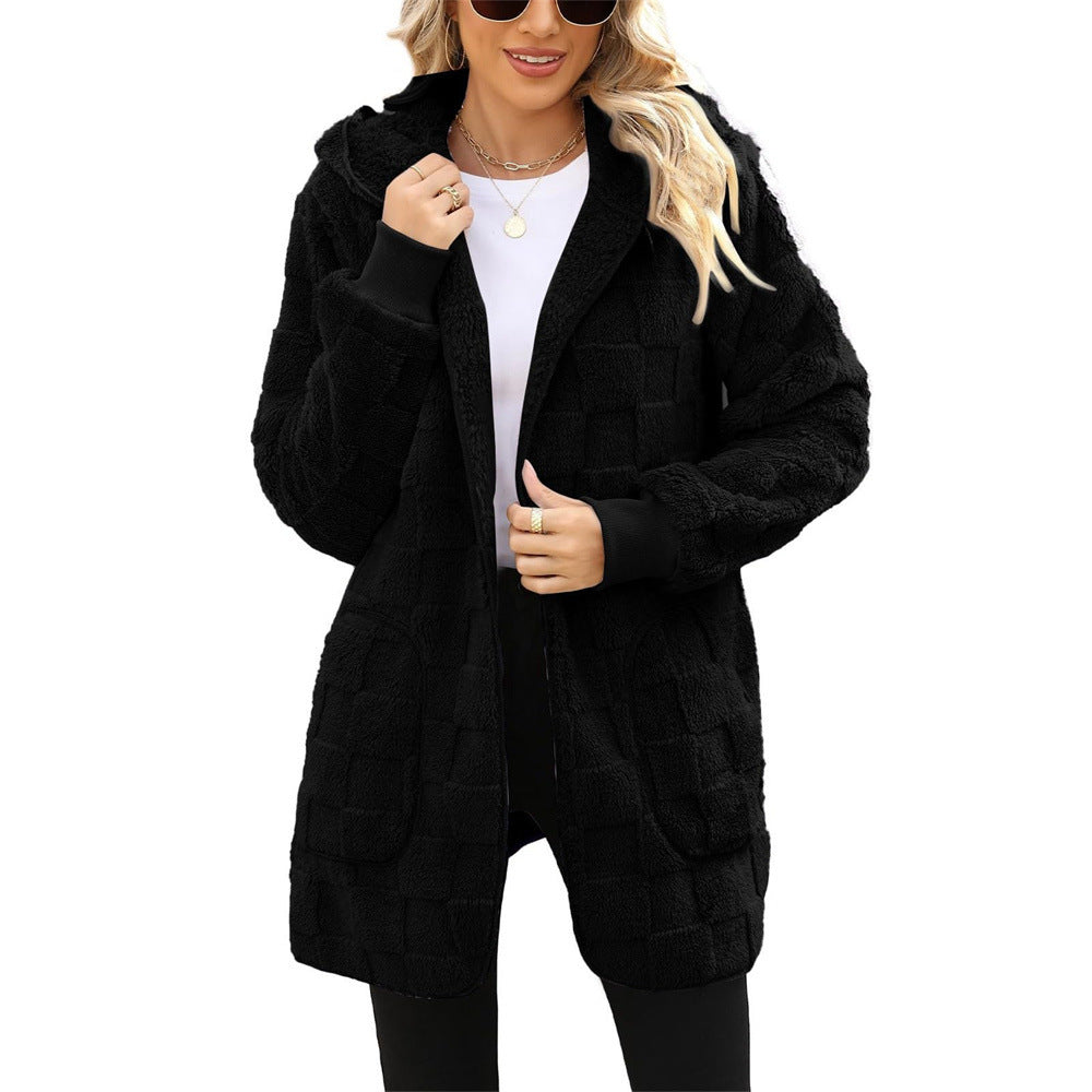 Cardigan Plaid Jacquard Hooded Pocket Plush Cardigan Jacket