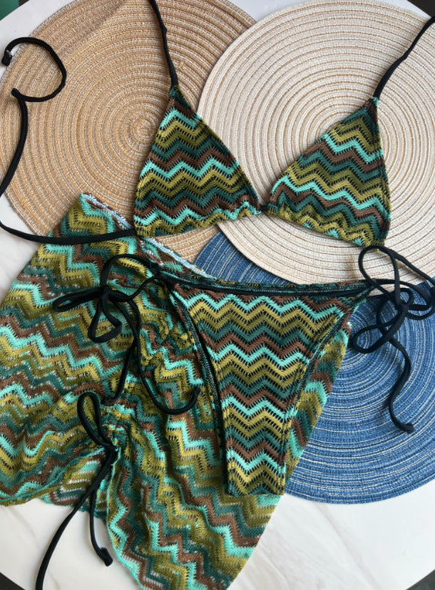 Knitting Bikini Skirt Three-piece Set Bikini Striped Swimsuit Bikini Women Swimw