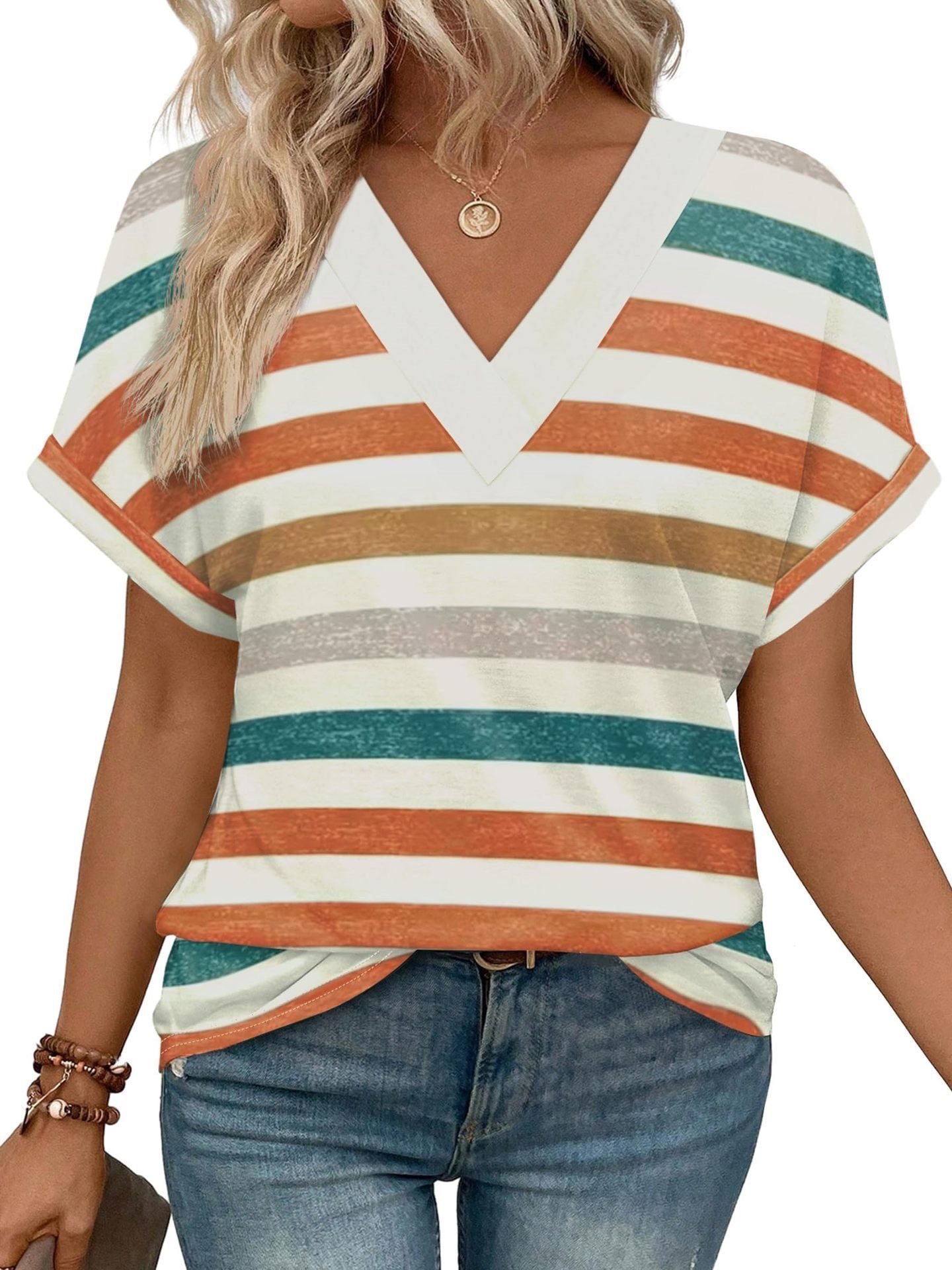 Women's Casual Round Neck Striped T-shirt Top