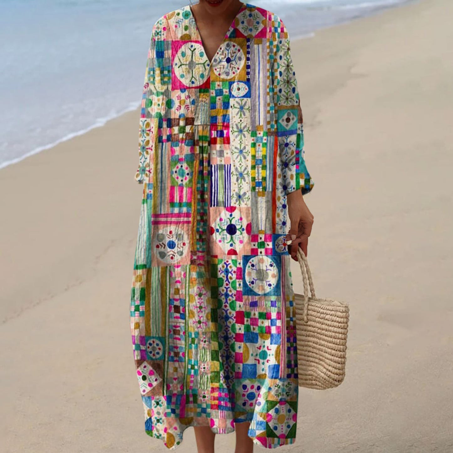 Women's Casual 3D Printed Floral Print Sleeved Long Dress