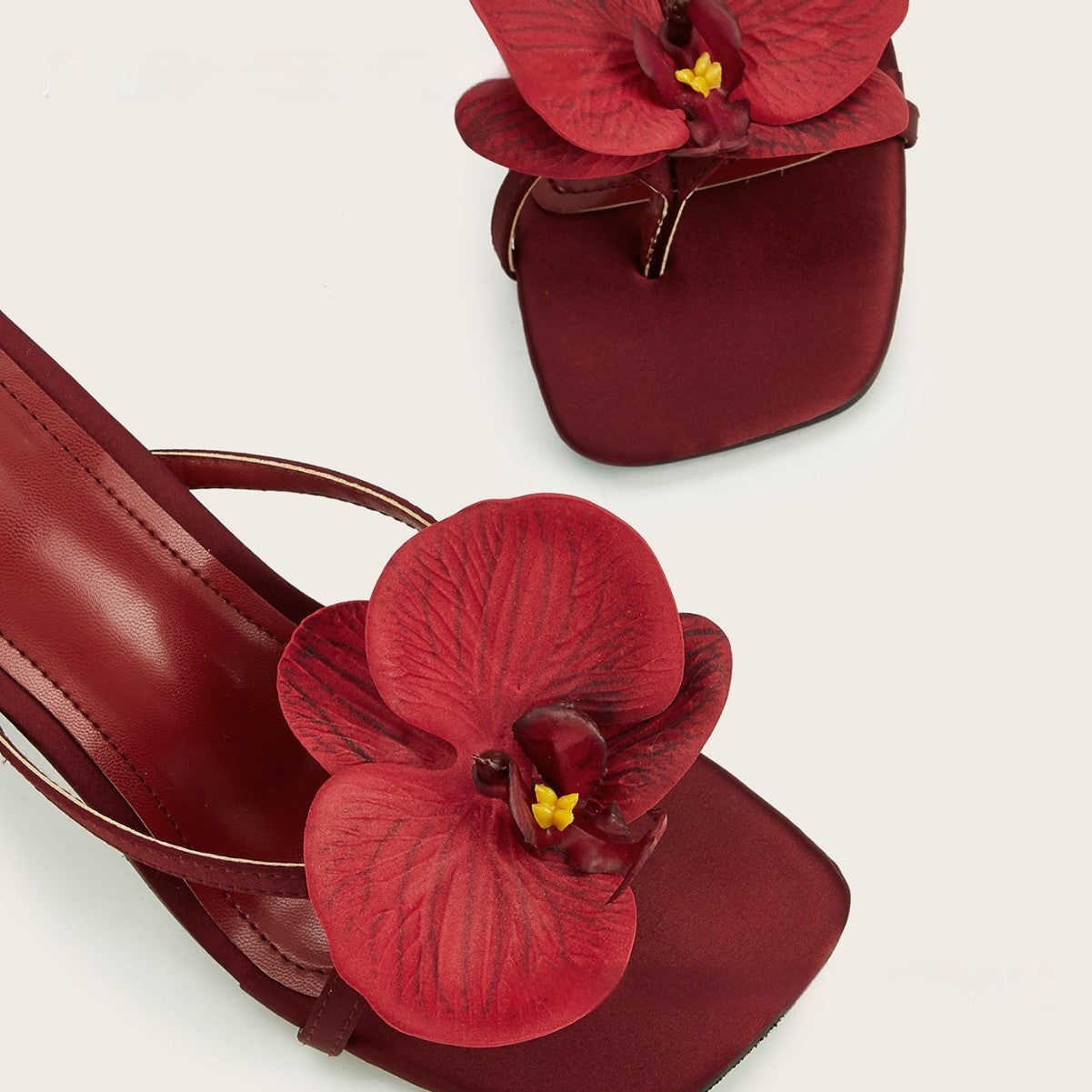 Wine Red Meiko Flower Decorative Flip-toe Square Toe High Heel Sandals
