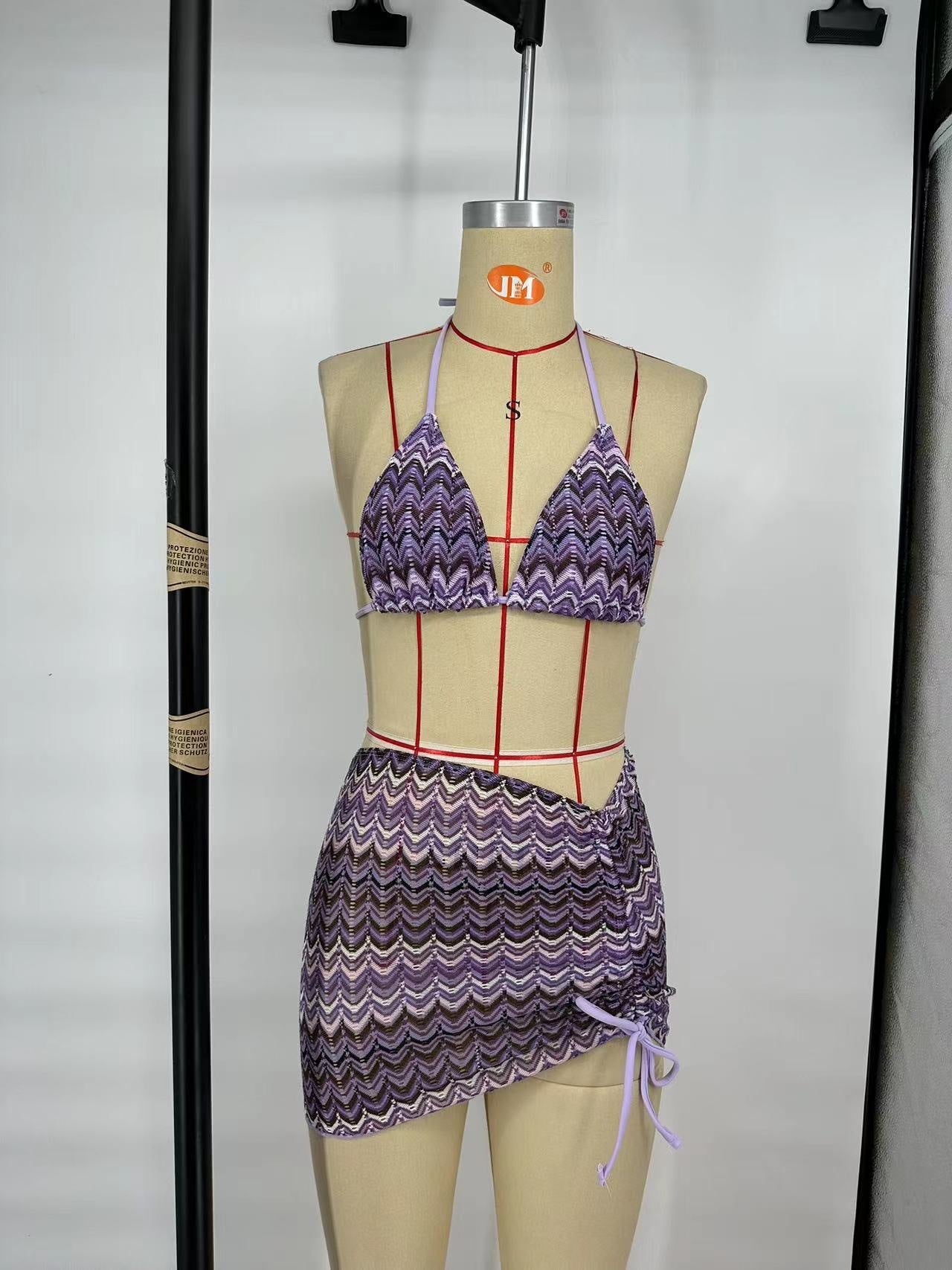 Knitting Bikini Skirt Three-piece Set Bikini Striped Swimsuit Bikini Women Swimw