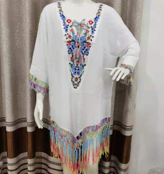 Hand Crochet Flower Stitching Fringed Beach Blouse Hollow Fashion Loose Holiday Sun Protection Clothing