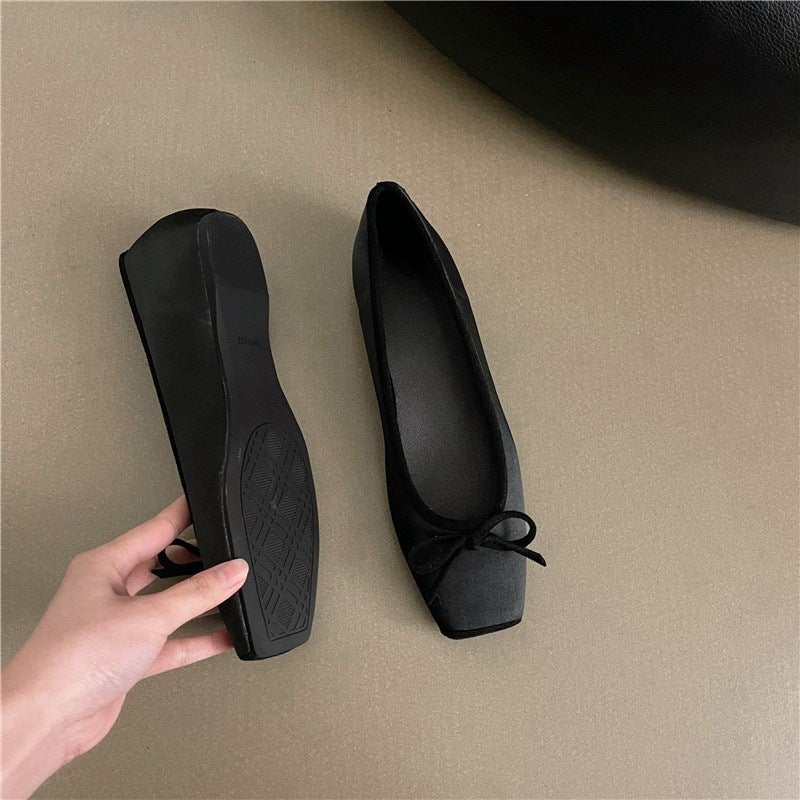 Bow Satin Shoes With Hidden Heels Women's New Square Head
