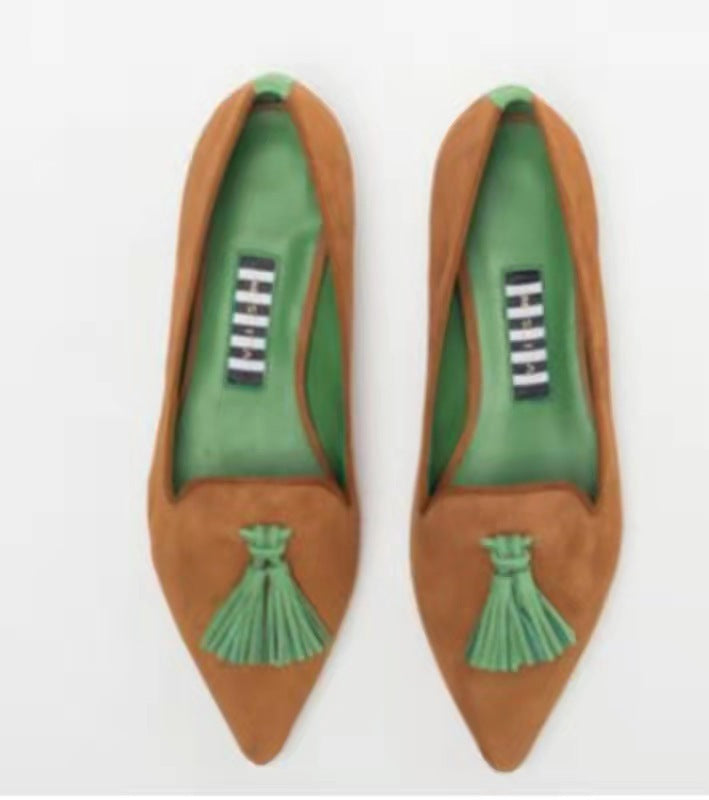 Women's Low-cut Pointed-toe Colorblock Tassel Flat Shoes