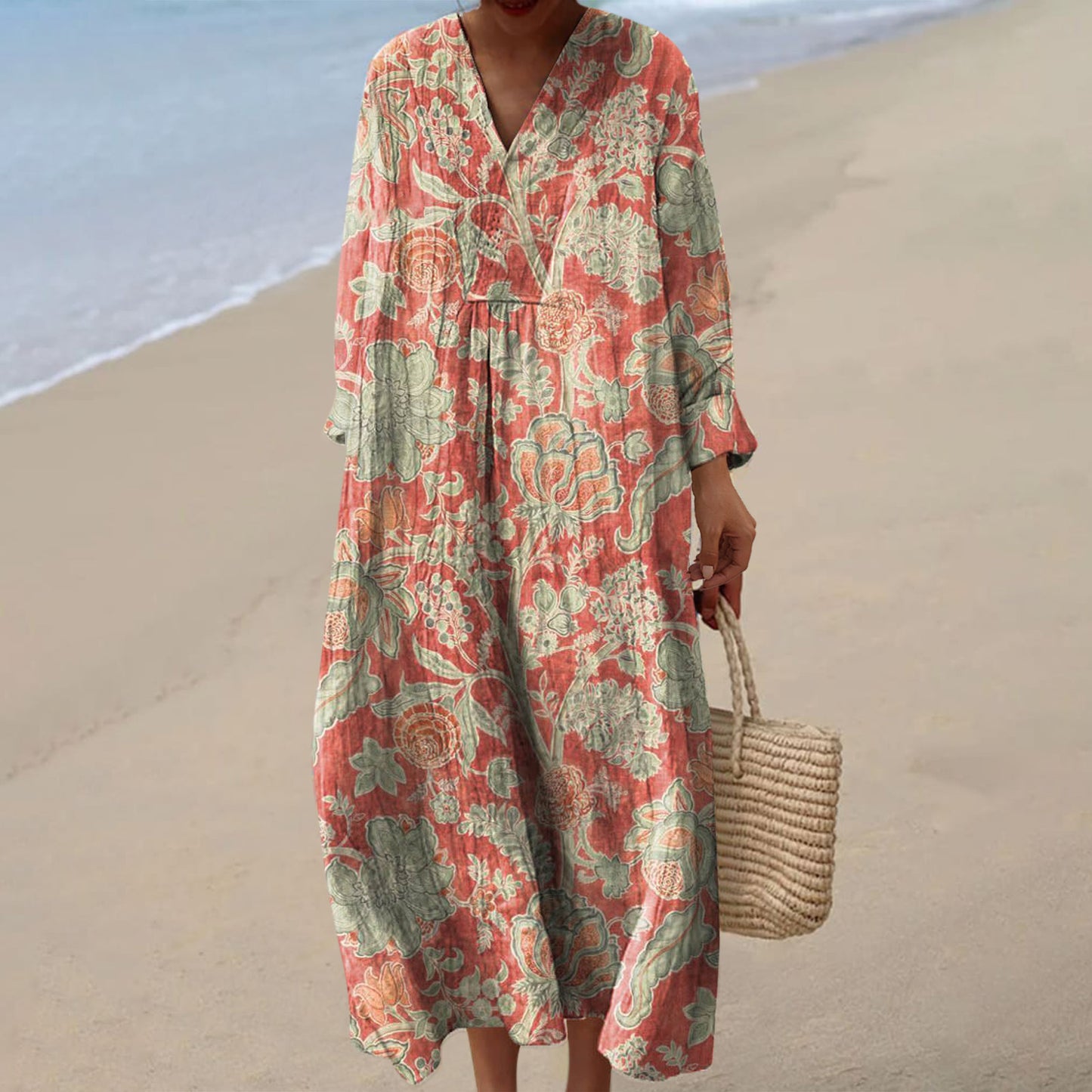 Women's Casual 3D Printed Floral Print Sleeved Long Dress