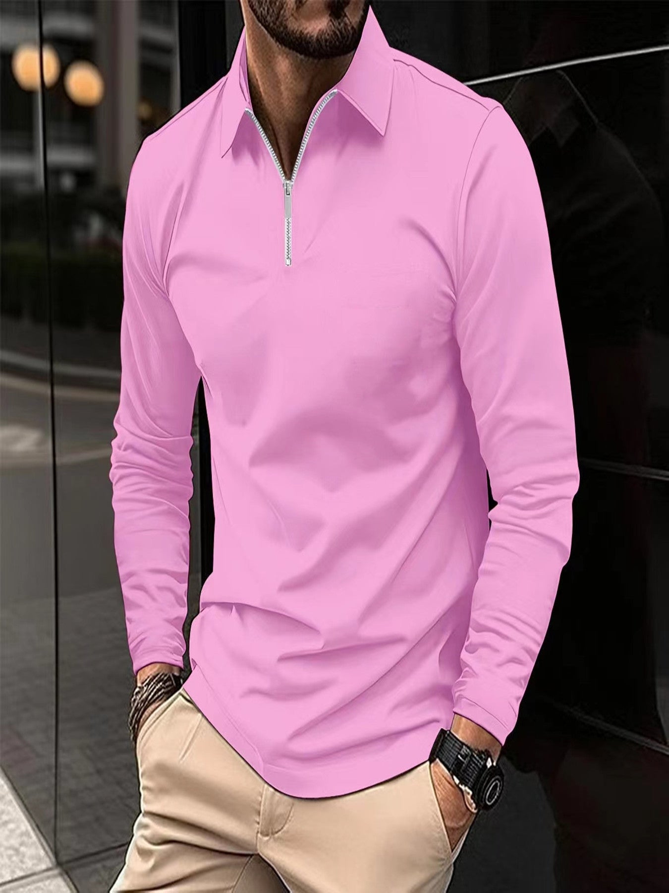 Zipper Men's Solid Color Long Sleeve Sports Polo Shirt