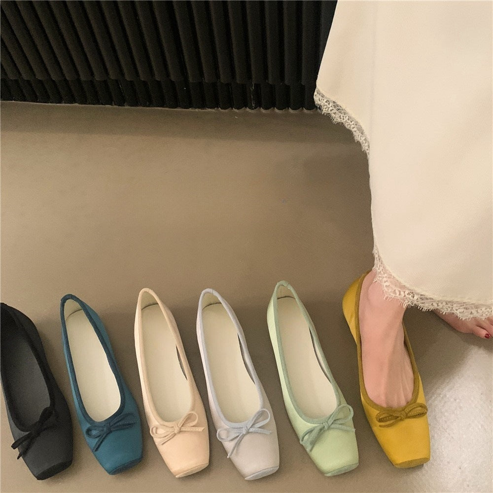 Bow Satin Shoes With Hidden Heels Women's New Square Head