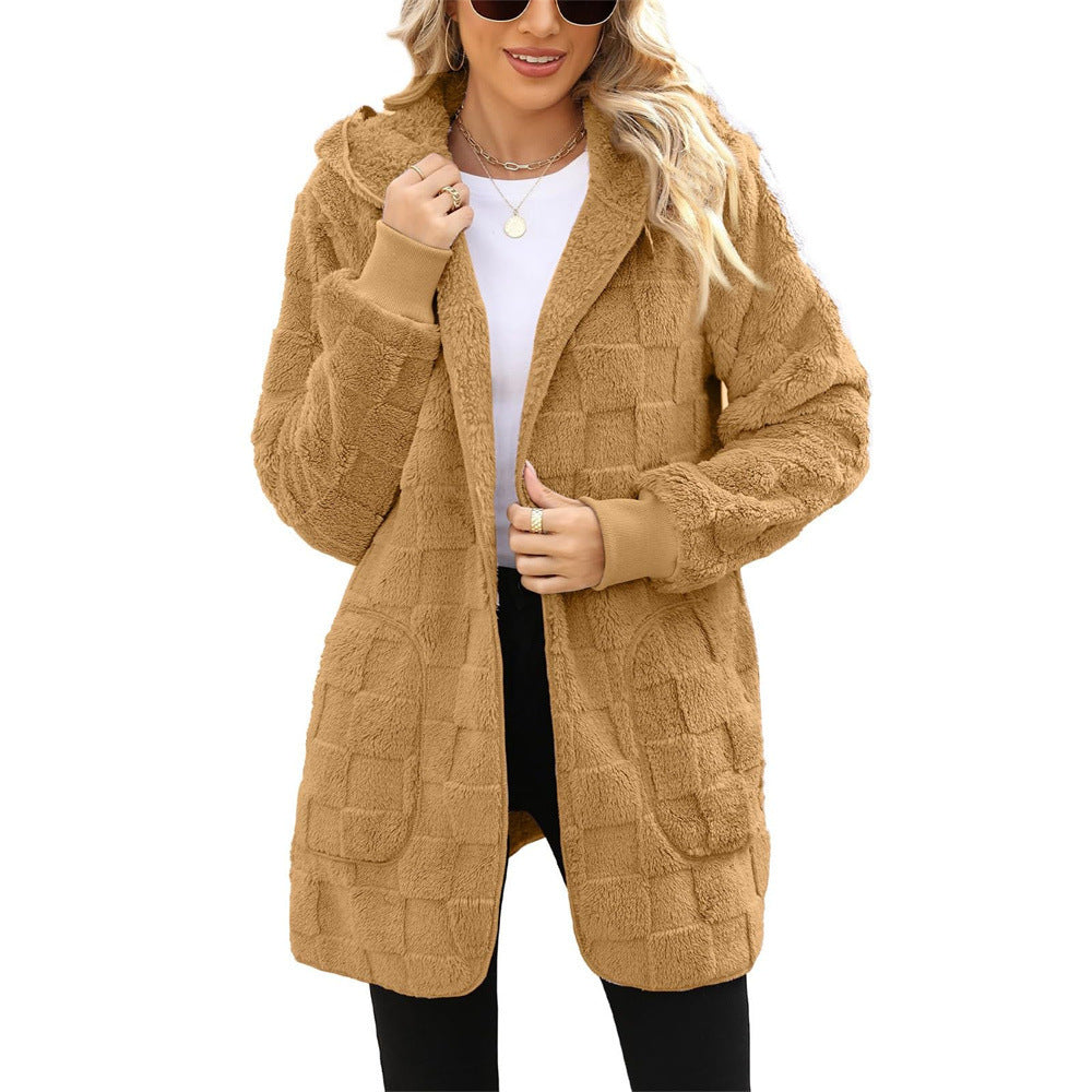 Cardigan Plaid Jacquard Hooded Pocket Plush Cardigan Jacket