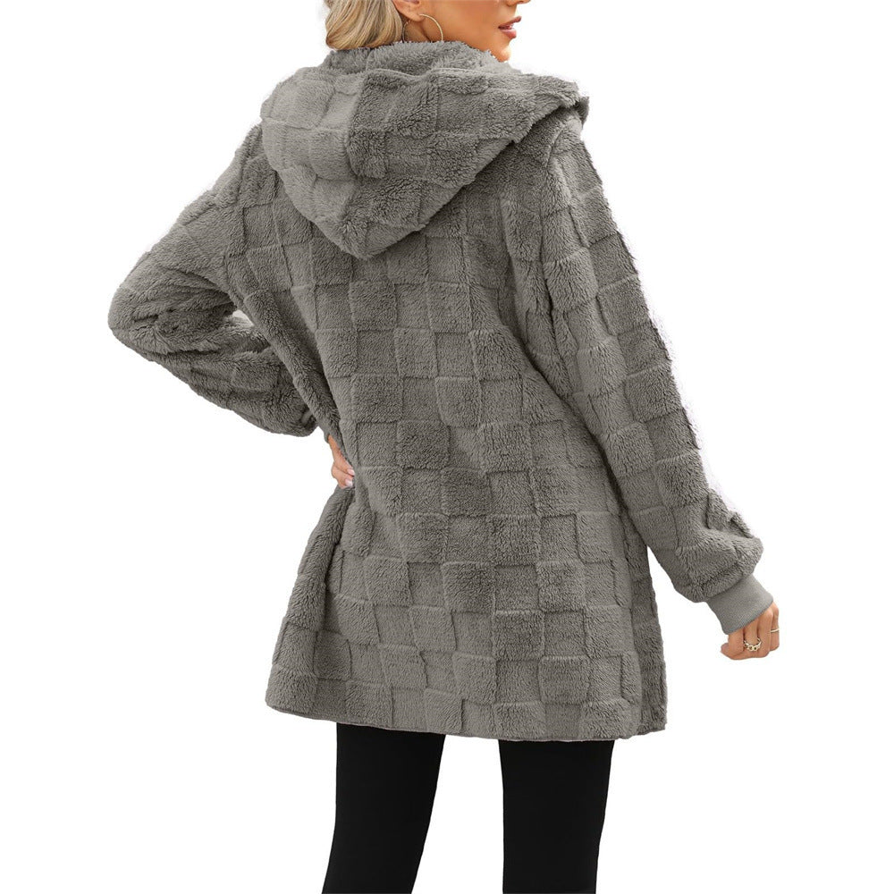 Cardigan Plaid Jacquard Hooded Pocket Plush Cardigan Jacket