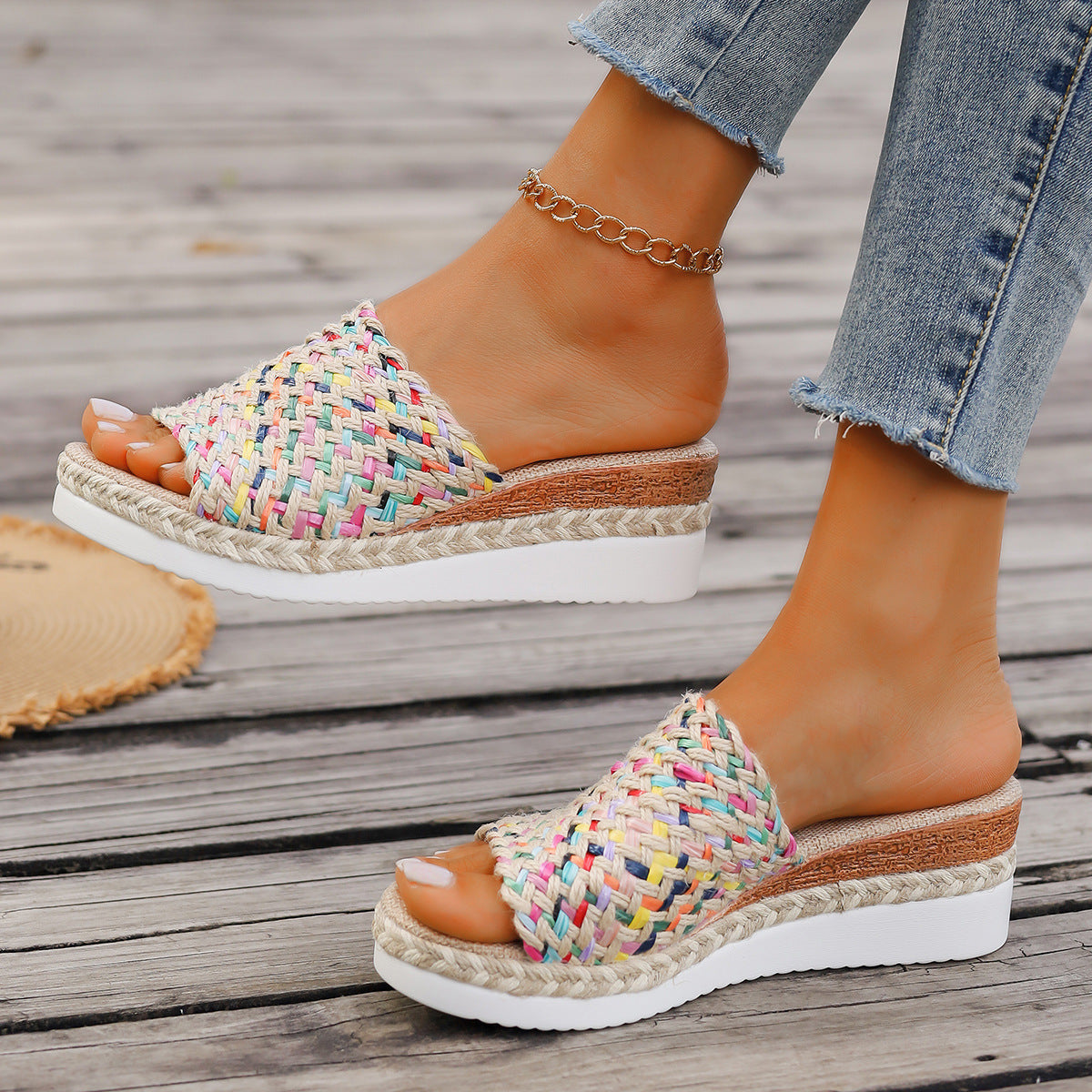 Women's Thick-soled Fish Mouth Color Slippers With Hemp Rope