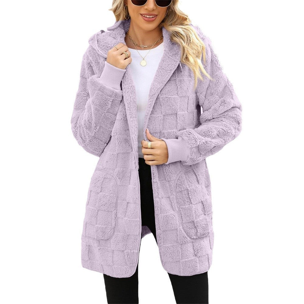 Cardigan Plaid Jacquard Hooded Pocket Plush Cardigan Jacket