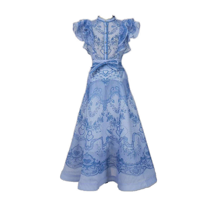 Australia Stand Collar Ruffle Diamond Button Sleeveless Wide Swing Dress