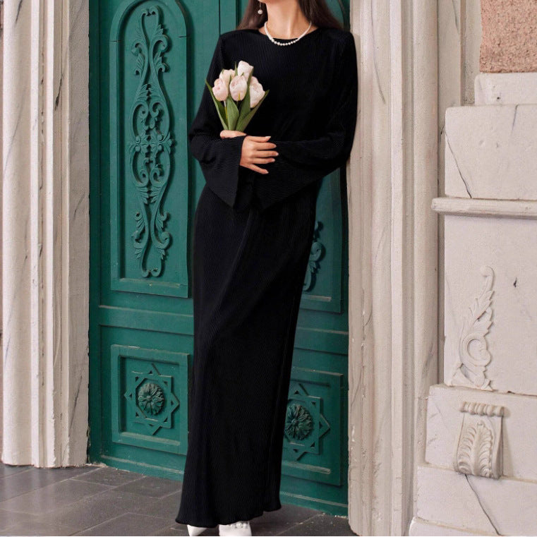 Casual Solid Color Long-sleeve Round-collar Dress