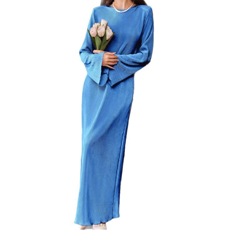 Casual Solid Color Long-sleeve Round-collar Dress