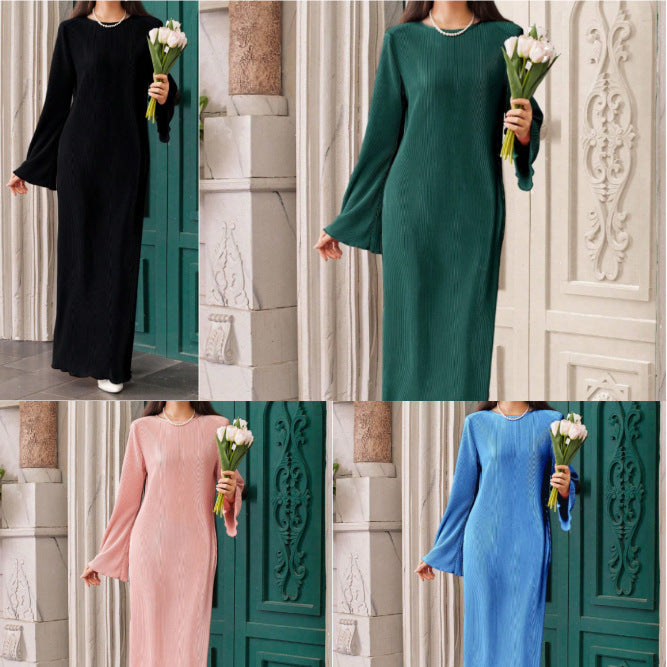 Casual Solid Color Long-sleeve Round-collar Dress