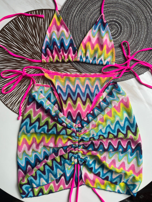 Knitting Bikini Skirt Three-piece Set Bikini Striped Swimsuit Bikini Women Swimw