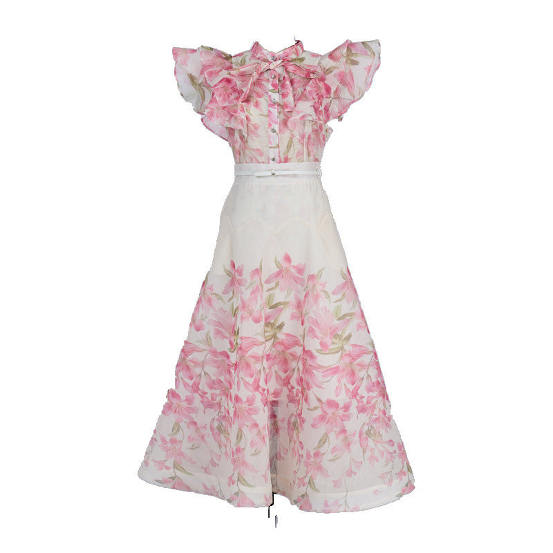 Australia Stand Collar Ruffle Diamond Button Sleeveless Wide Swing Dress