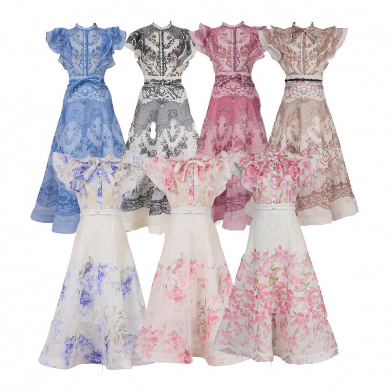 Australia Stand Collar Ruffle Diamond Button Sleeveless Wide Swing Dress